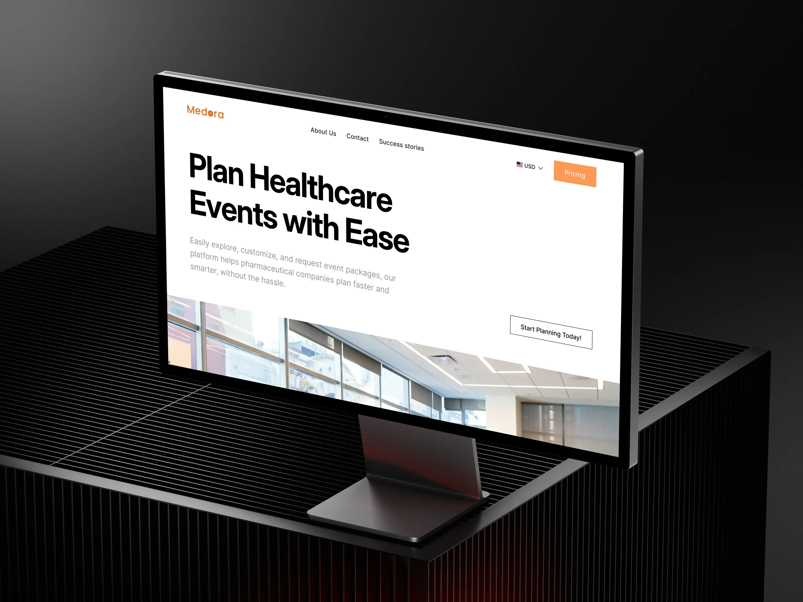A mock of medora event on an iMac Computer