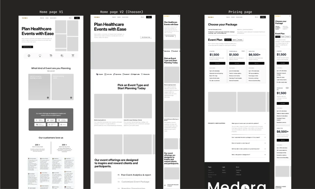 Mid-fidelity designs of homepage versions 1 and 2, and finally, the pricing page.