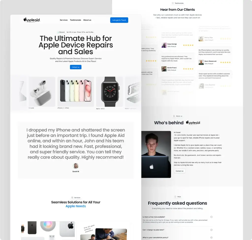 Image of apple aid website showing above the fold, testimonial and services section