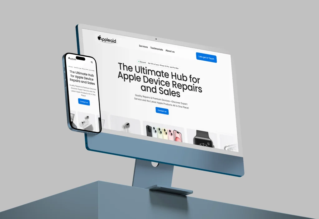 A mockup of an iphone 16 and iMac of appleaid webiste.