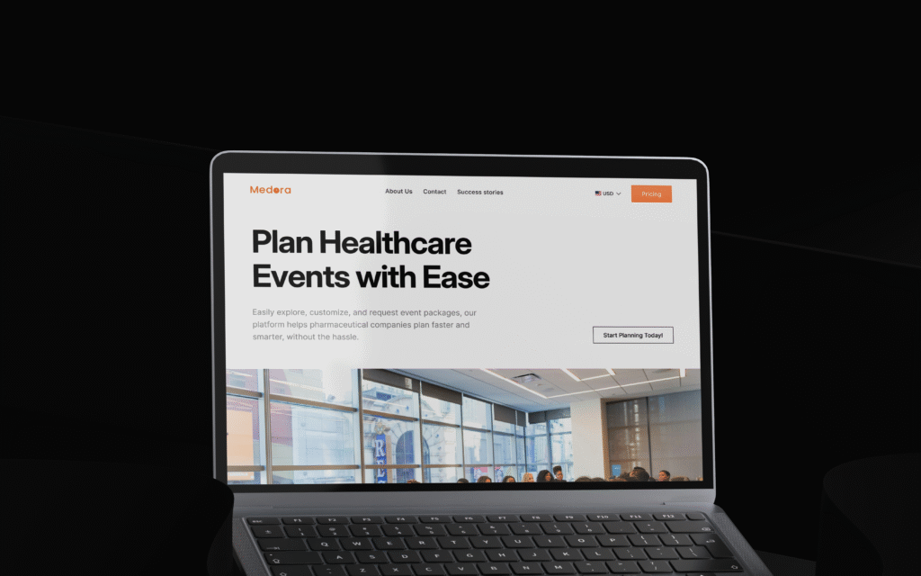 Medora hero section in a mockup laptop